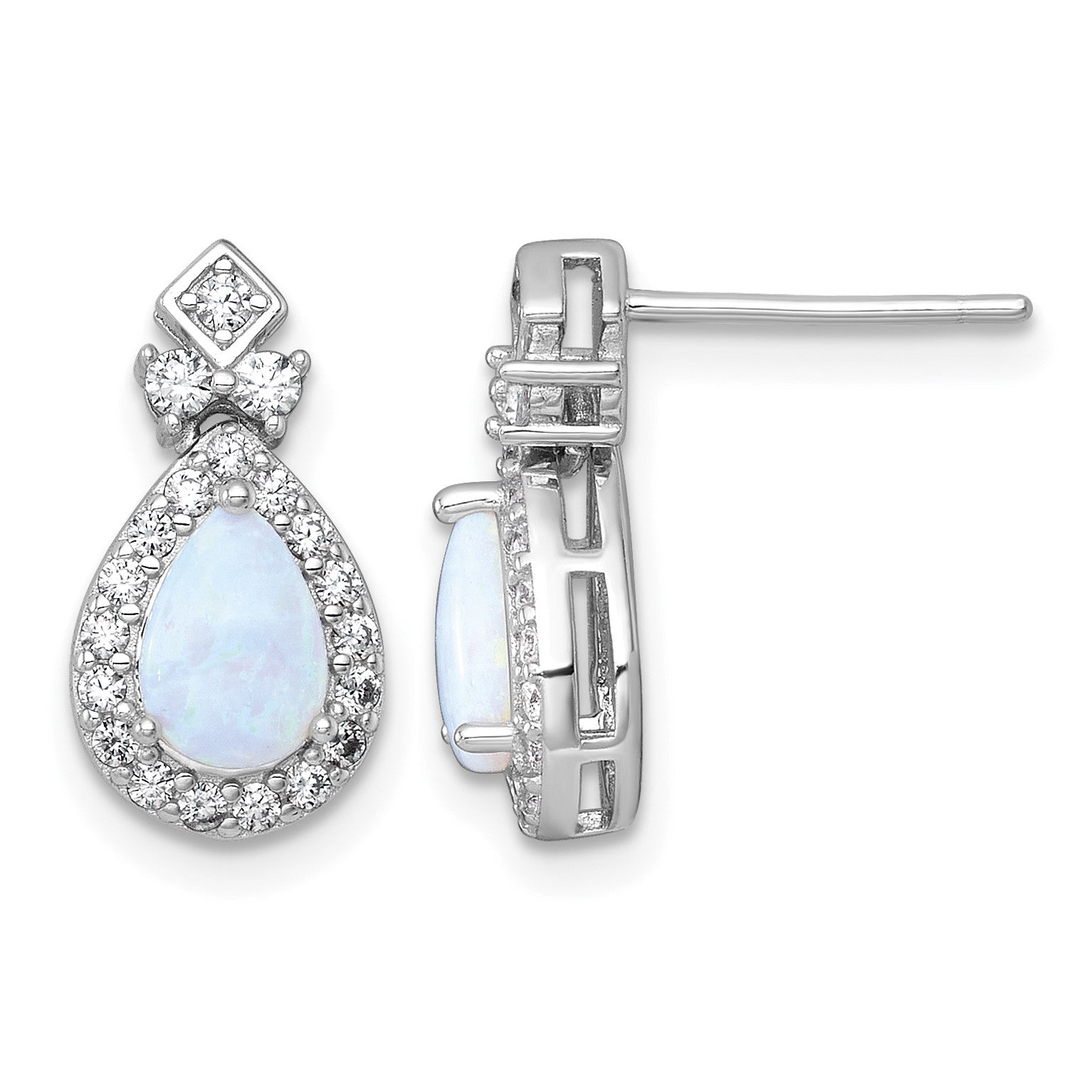 Sterling Silver Rhodium-plated Polished Lab Created Opal and CZ Teardrop Halo Dangle Post Earrings