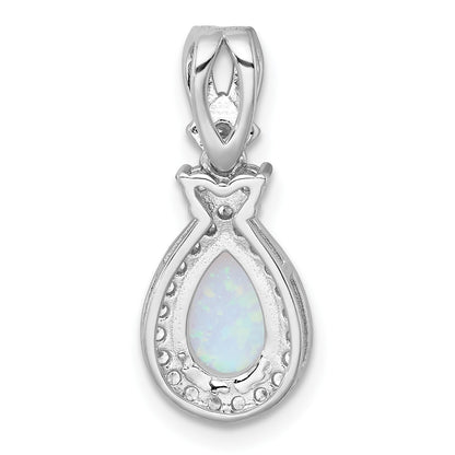 Sterling Silver Rhodium-plated Polished Lab Created Opal and CZ Teardrop Halo Chain Slide Pendant