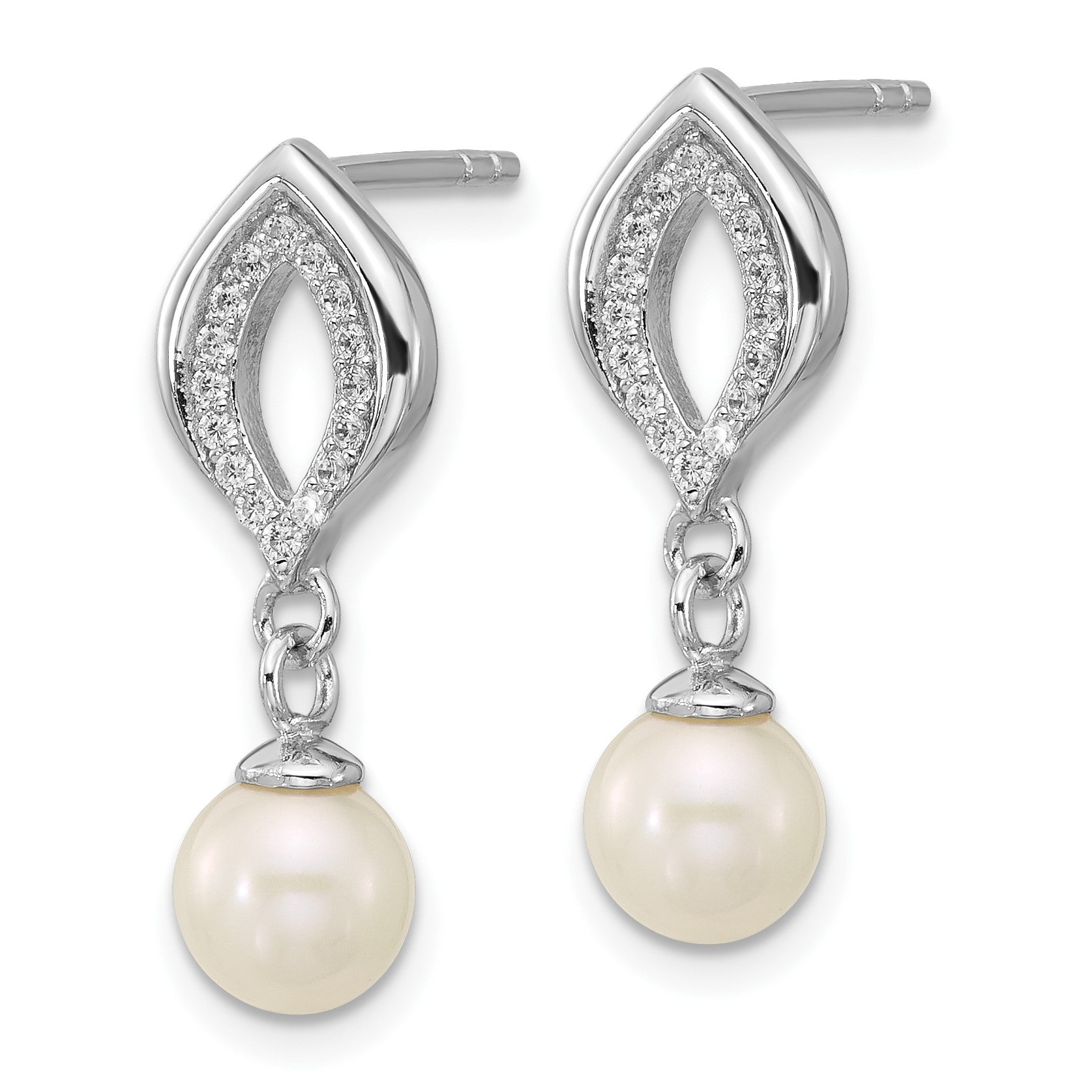 Sterling Silver Rhodium-plated Polished CZ and 5-6mm Freshwater Cultured Pearl Dangle Post Earrings