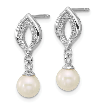 Sterling Silver Rhodium-plated Polished CZ and 5-6mm Freshwater Cultured Pearl Dangle Post Earrings