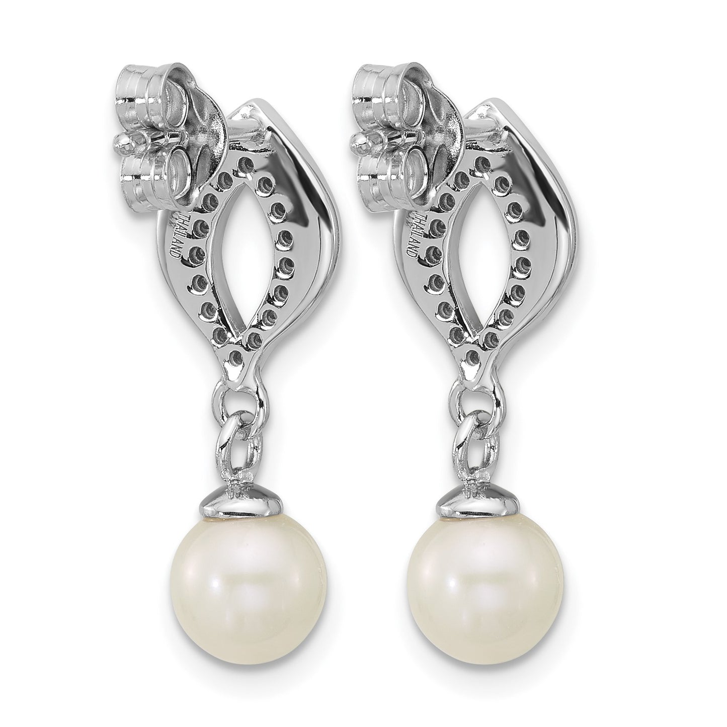 Sterling Silver Rhodium-plated Polished CZ and 5-6mm Freshwater Cultured Pearl Dangle Post Earrings