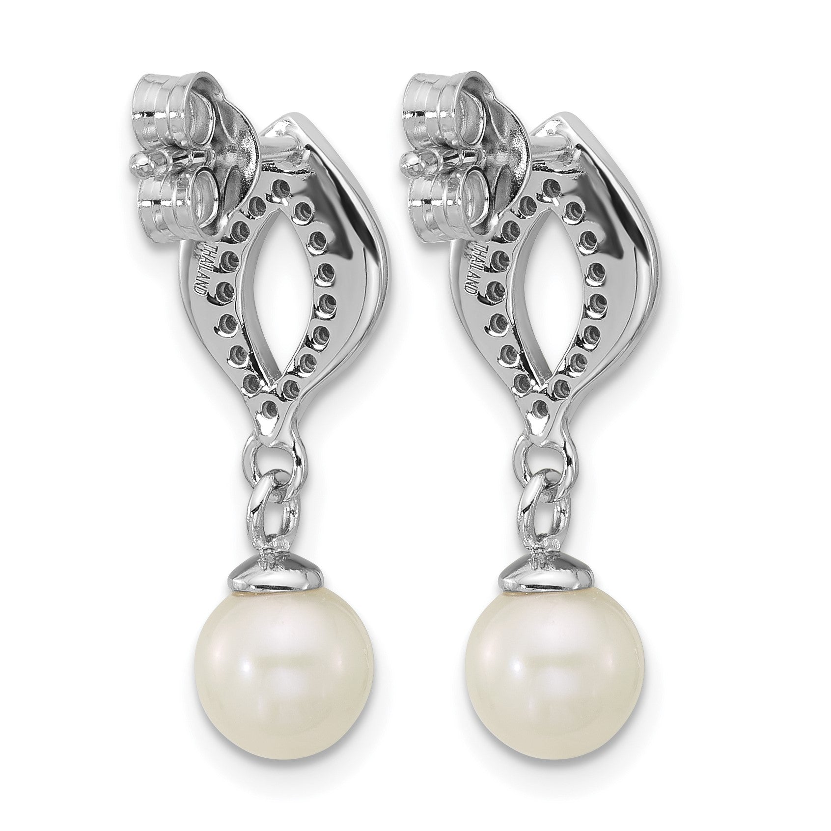 Sterling Silver Rhodium-plated Polished CZ and 5-6mm Freshwater Cultured Pearl Dangle Post Earrings
