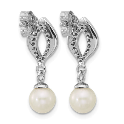 Sterling Silver Rhodium-plated Polished CZ and 5-6mm Freshwater Cultured Pearl Dangle Post Earrings