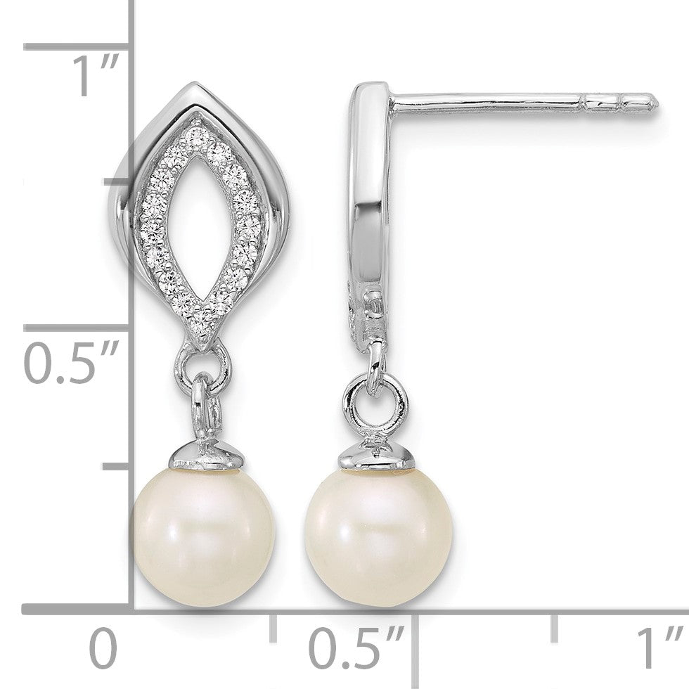 Sterling Silver Rhodium-plated Polished CZ and 5-6mm Freshwater Cultured Pearl Dangle Post Earrings