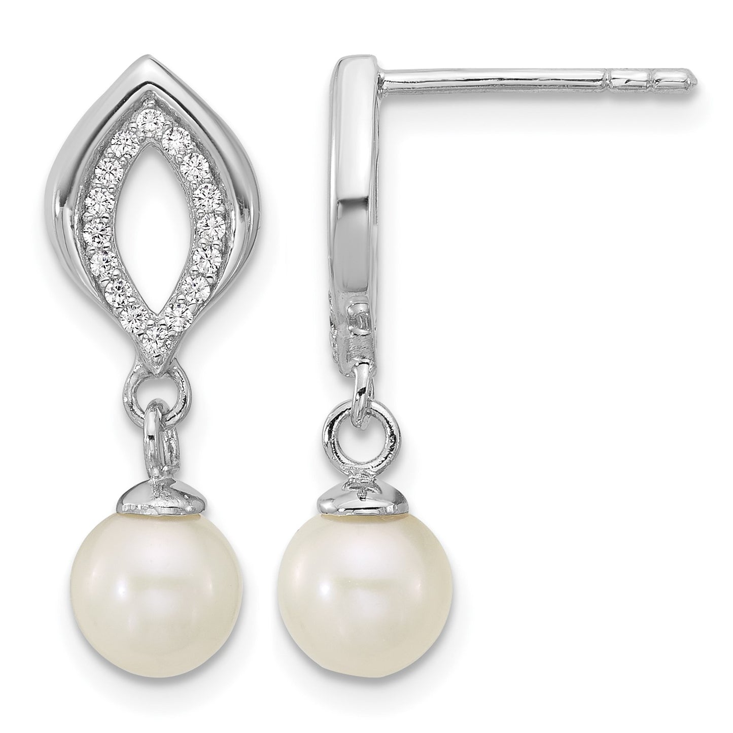 Sterling Silver Rhodium-plated Polished CZ and 5-6mm Freshwater Cultured Pearl Dangle Post Earrings