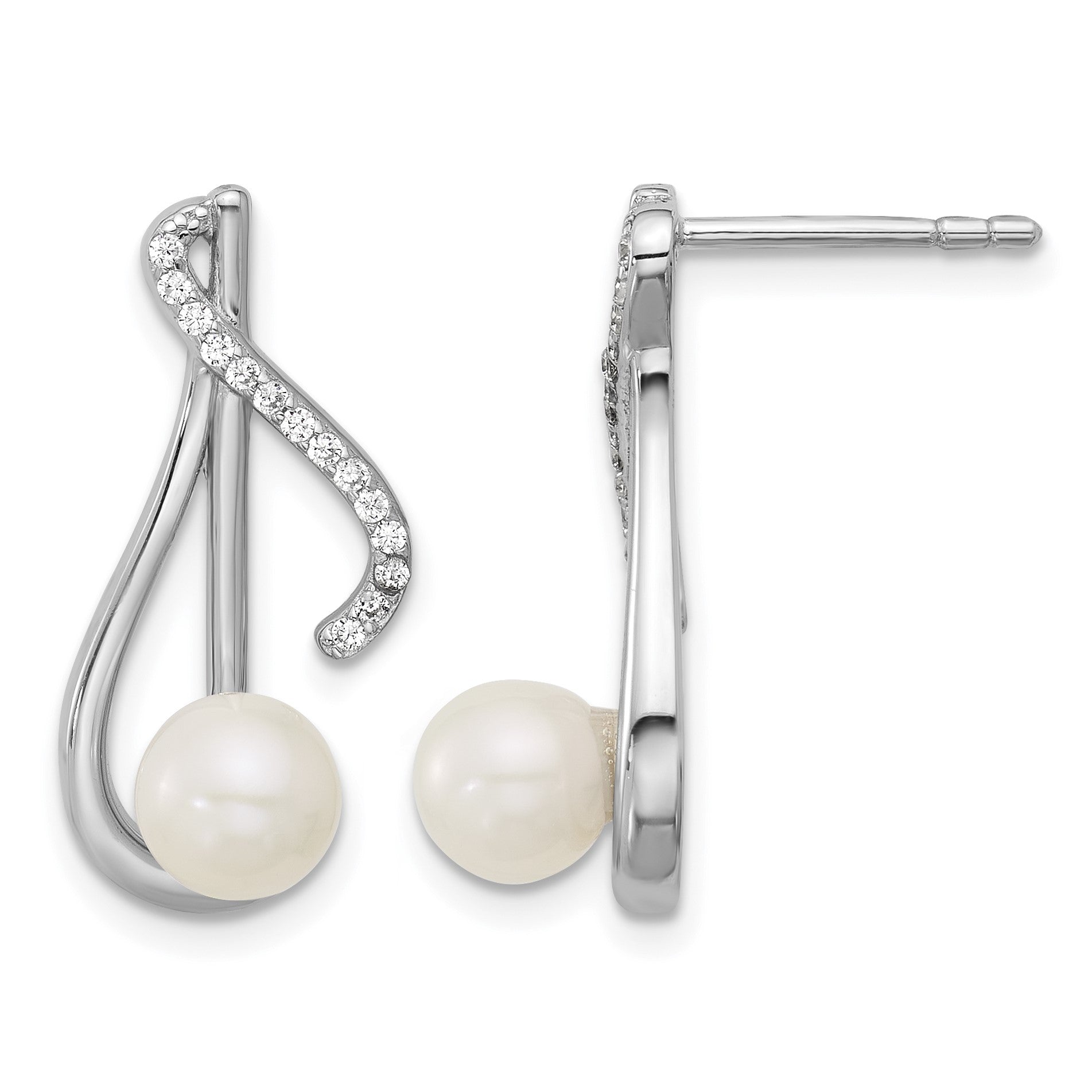 Sterling Silver Rhodium-plated Polished CZ and 5-6mm Freshwater Cultured Pearl Swirl Post Earrings