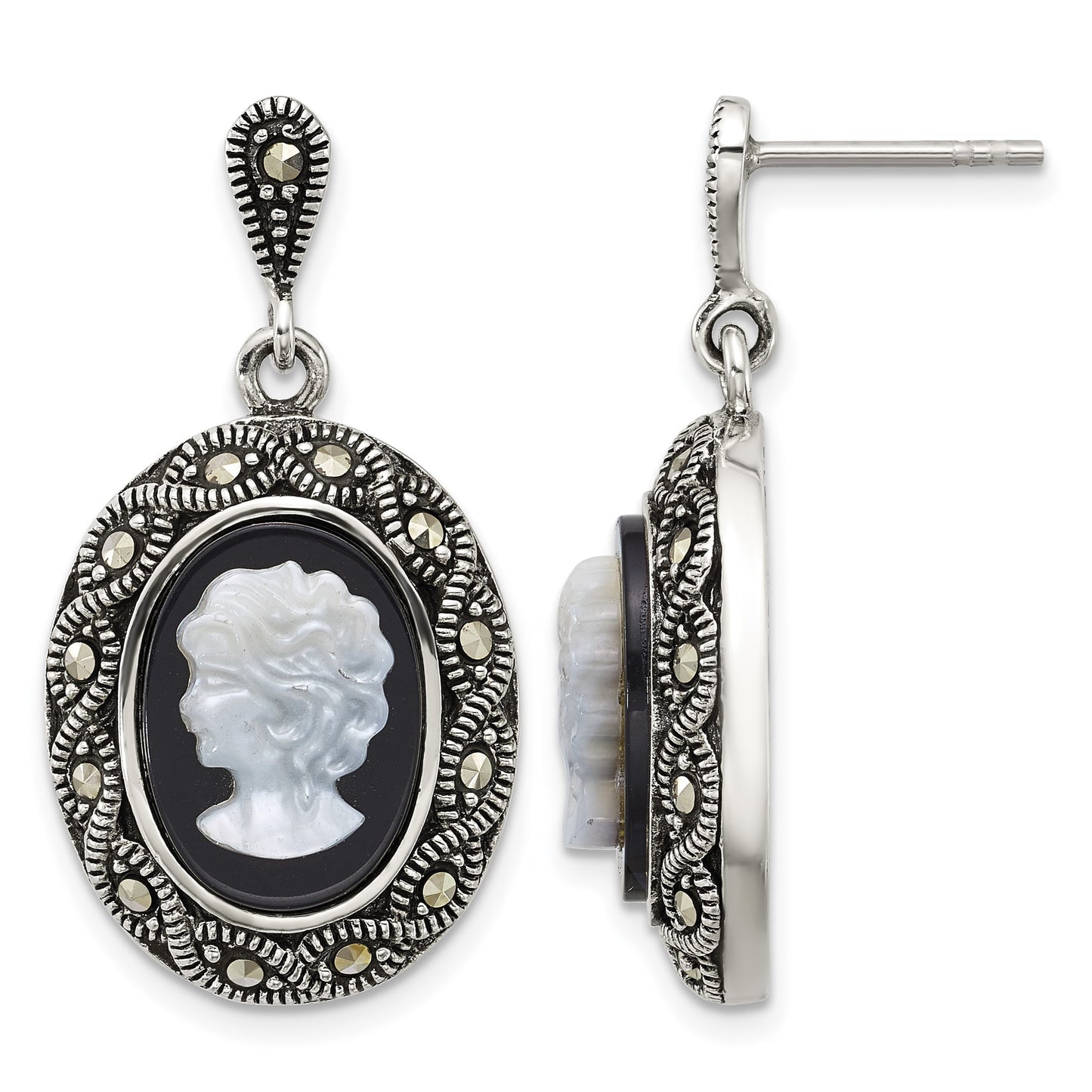Sterling Silver Antiqued Marcasite with Black Agate and Mother of Pearl Cameo Dangle Post Earrings