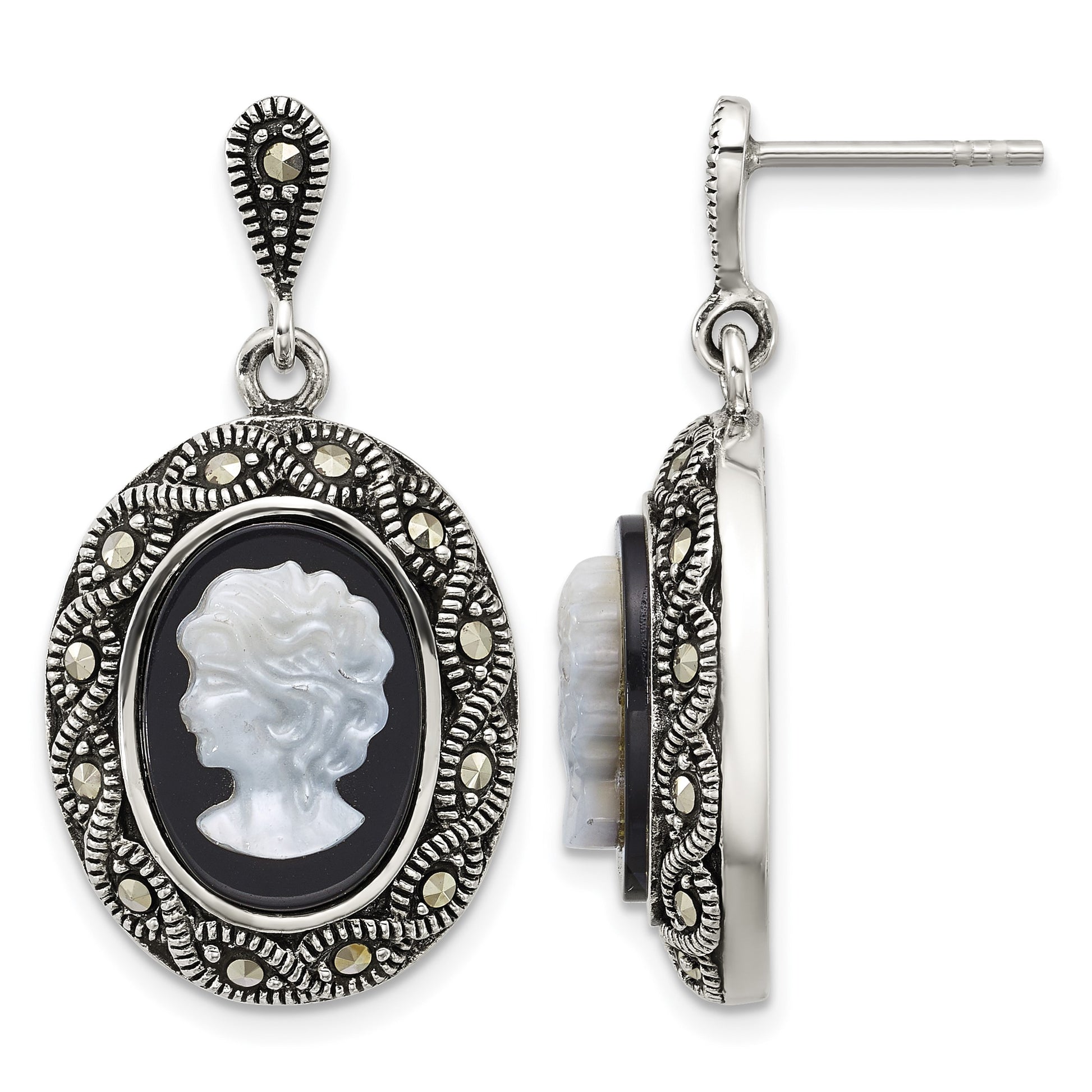 Sterling Silver Antiqued Marcasite with Black Agate and Mother of Pearl Cameo Dangle Post Earrings