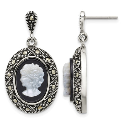 Sterling Silver Antiqued Marcasite with Black Agate and Mother of Pearl Cameo Dangle Post Earrings