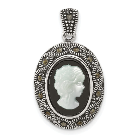 Sterling Silver Antiqued Marcasite with Black Agate and Mother of Pearl Cameo Pendant