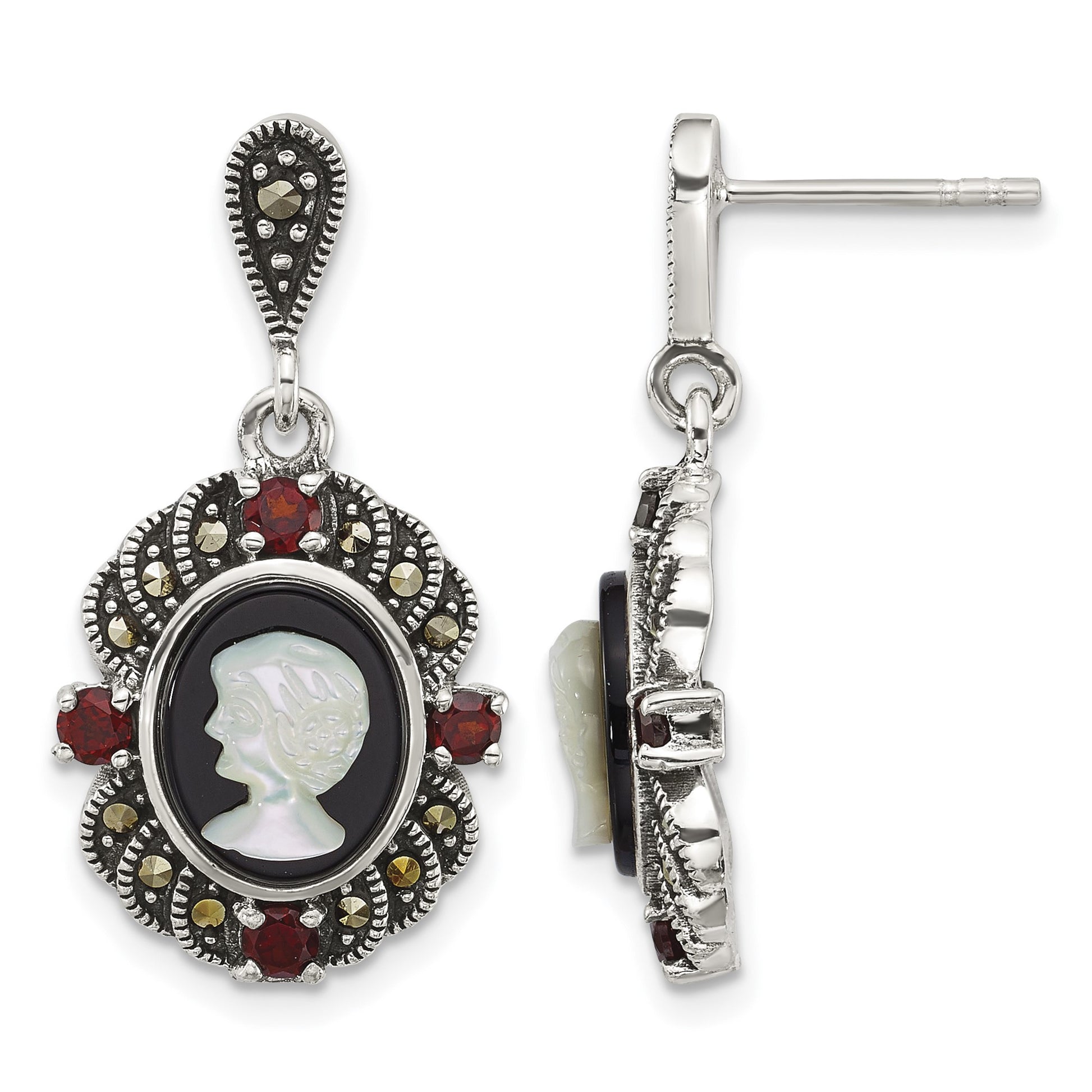 Sterling Silver Antiqued Marcasite and Garnet with Black Agate and Mother of Pearl Cameo Dangle Post Earrings