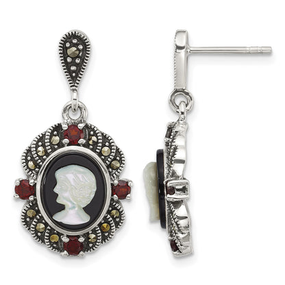 Sterling Silver Antiqued Marcasite and Garnet with Black Agate and Mother of Pearl Cameo Dangle Post Earrings