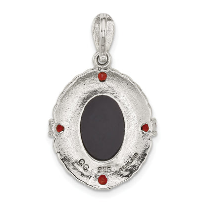 Sterling Silver Antiqued Marcasite and Garnet with Black Agate and Mother of Pearl Cameo Pendant