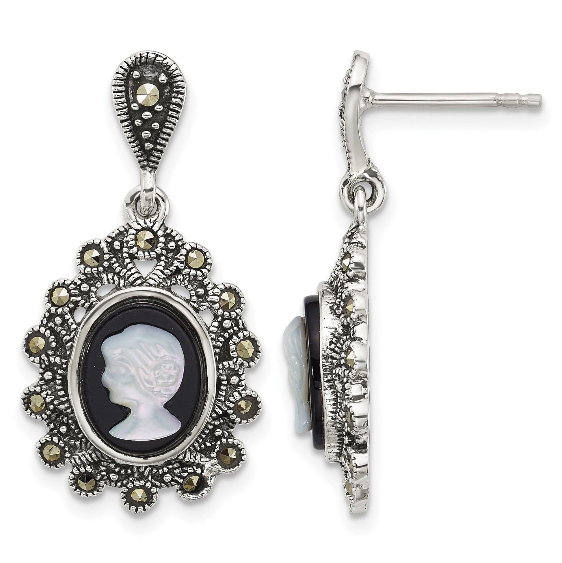 Sterling Silver Antiqued Marcasite with Black Agate and Mother of Pearl Cameo Dangle Post Earrings