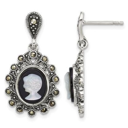Sterling Silver Antiqued Marcasite with Black Agate and Mother of Pearl Cameo Dangle Post Earrings