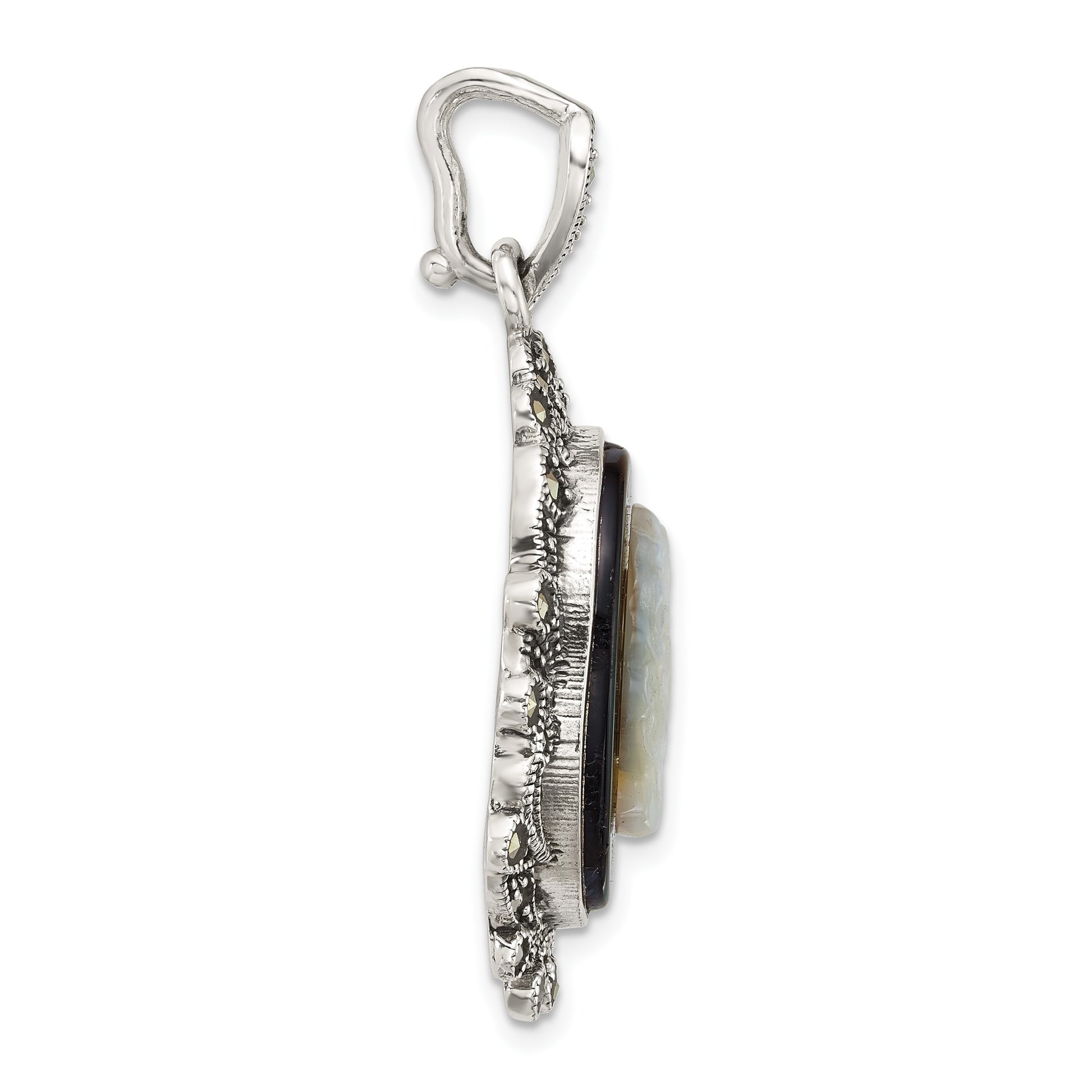 Sterling Silver Antiqued Marcasite with Black Agate and Mother of Pearl Cameo Pendant