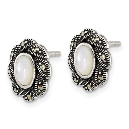 Sterling Silver Antiqued Marcasite and Mother of Pearl Oval Fancy Post Earrings