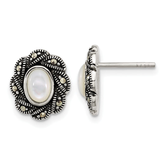 Sterling Silver Antiqued Marcasite and Mother of Pearl Oval Fancy Post Earrings