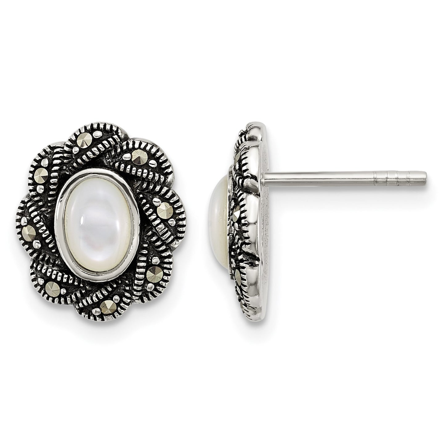 Sterling Silver Antiqued Marcasite and Mother of Pearl Oval Fancy Post Earrings