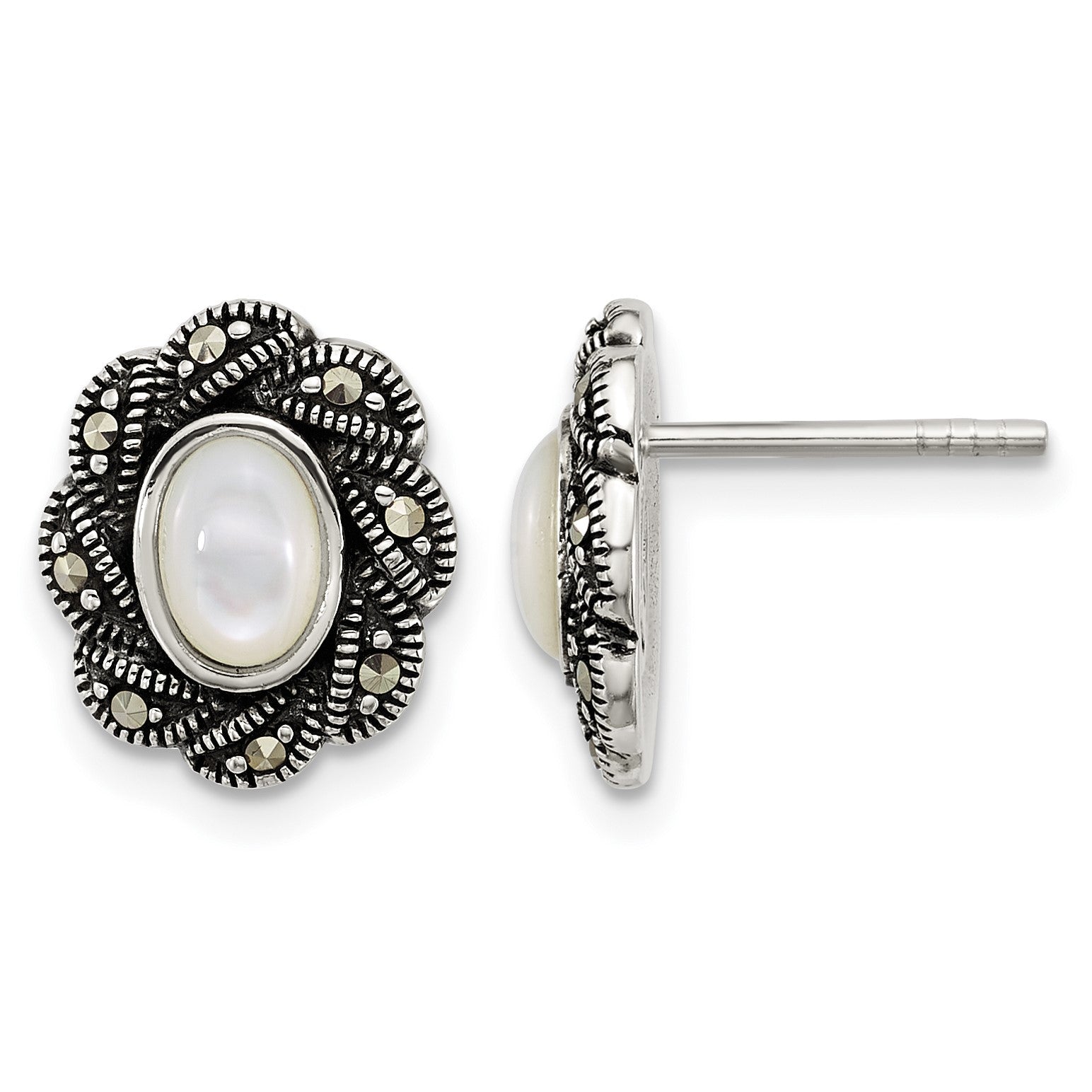Sterling Silver Antiqued Marcasite and Mother of Pearl Oval Fancy Post Earrings