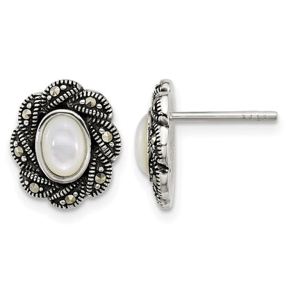 Sterling Silver Antiqued Marcasite and Mother of Pearl Oval Fancy Post Earrings