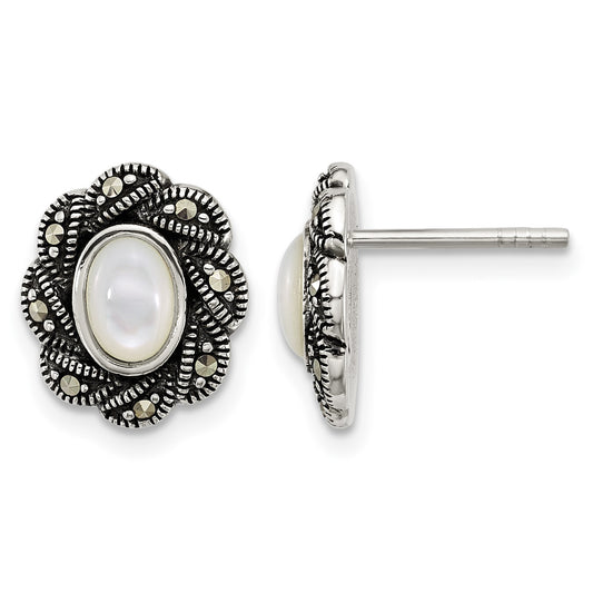 Sterling Silver Antiqued Marcasite and Mother of Pearl Oval Fancy Post Earrings