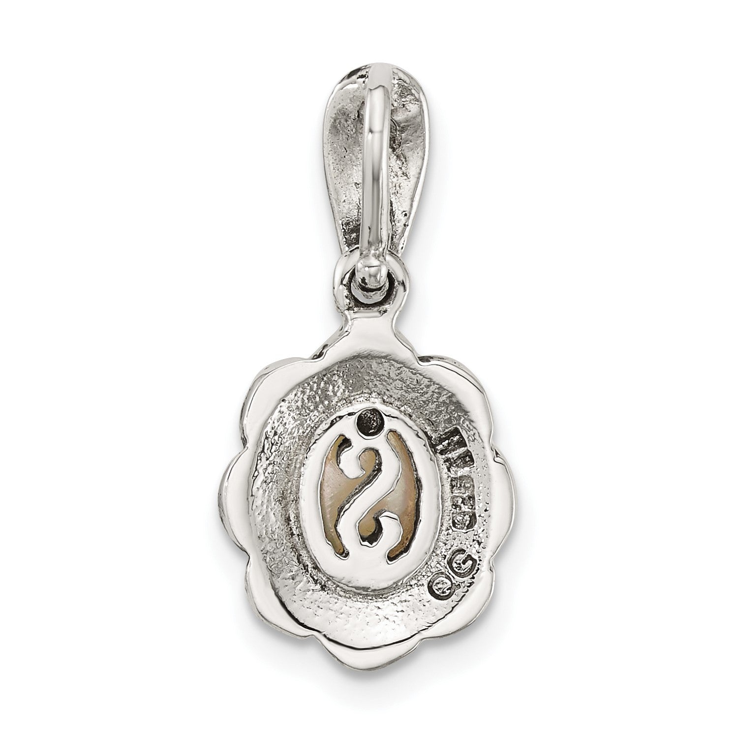 Sterling Silver Antiqued Marcasite and Mother of Pearl Oval Fancy Pendant