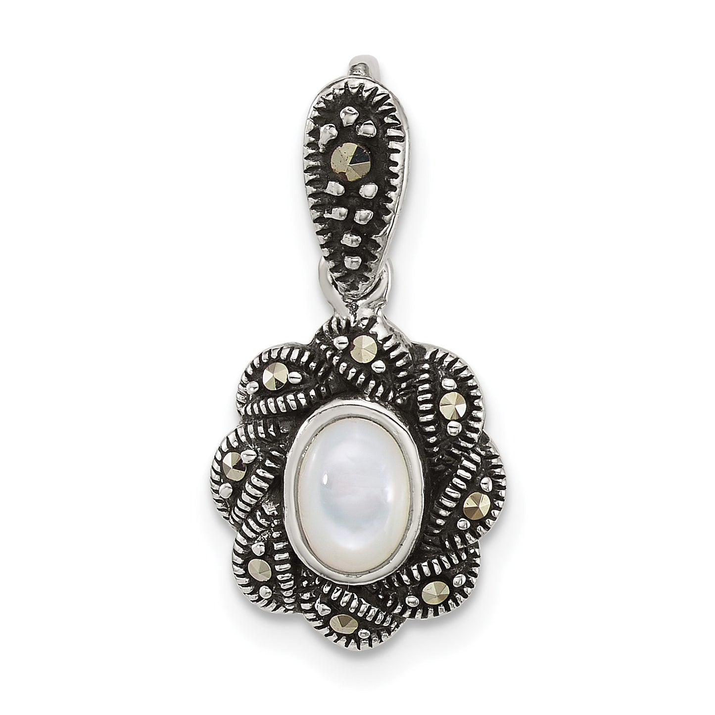 Sterling Silver Antiqued Marcasite and Mother of Pearl Oval Fancy Pendant
