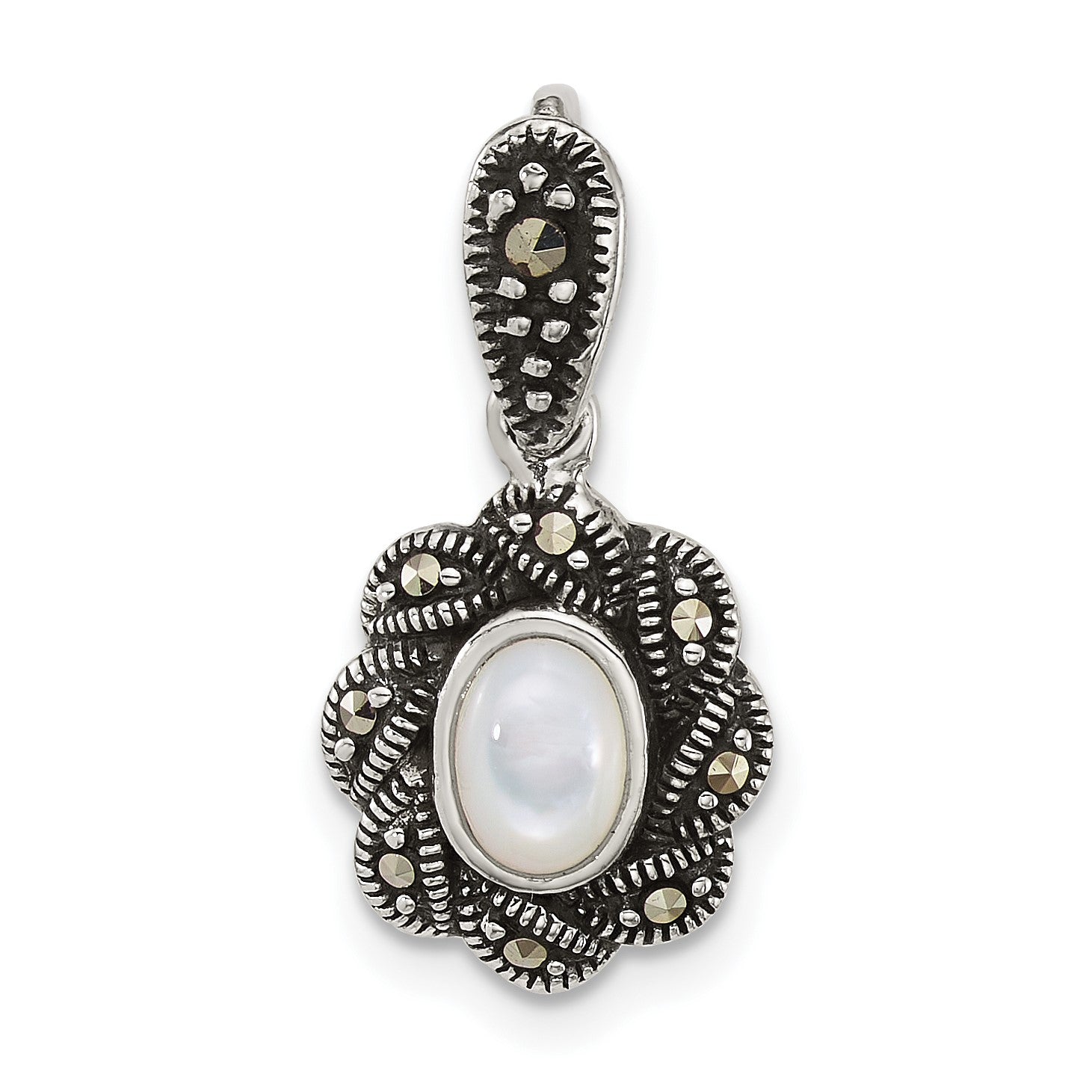 Sterling Silver Antiqued Marcasite and Mother of Pearl Oval Fancy Pendant