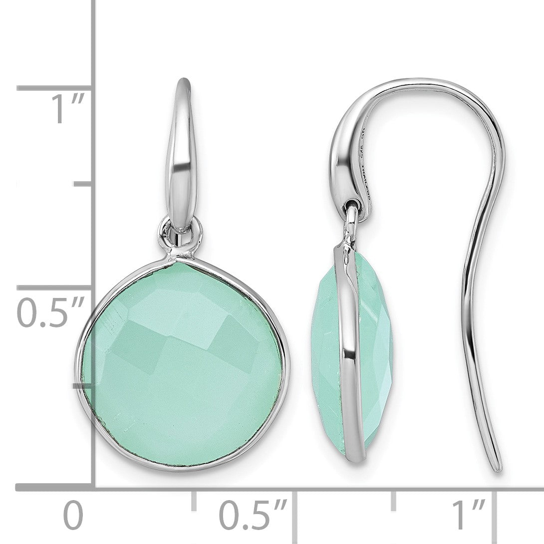 Sterling Silver Rhodium-plated Polished Round Checker-cut Green Chalcedony Shepherd Hook Earrings