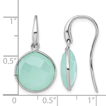 Sterling Silver Rhodium-plated Polished Round Checker-cut Green Chalcedony Shepherd Hook Earrings