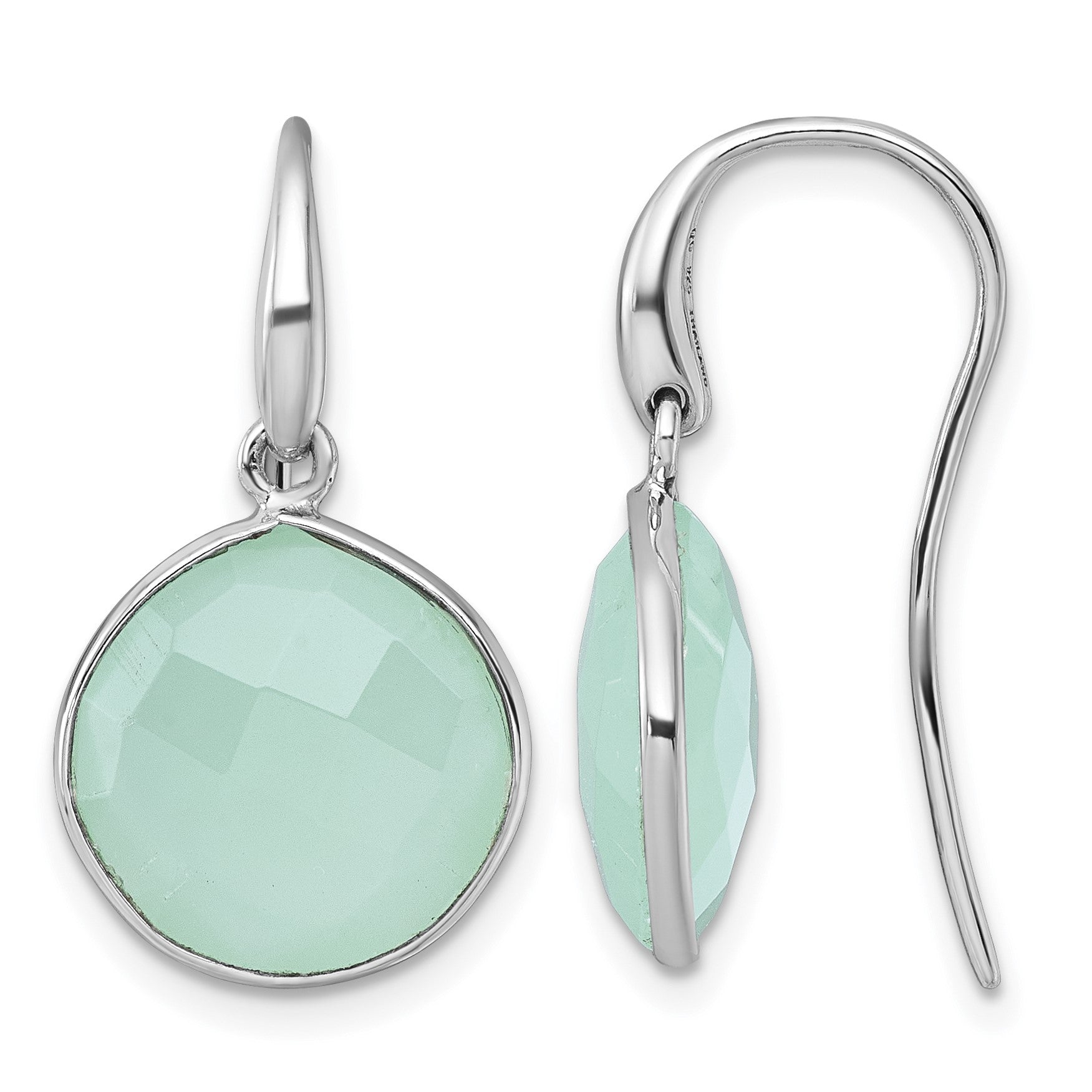 Sterling Silver Rhodium-plated Polished Round Checker-cut Green Chalcedony Shepherd Hook Earrings