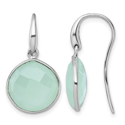 Sterling Silver Rhodium-plated Polished Round Checker-cut Green Chalcedony Shepherd Hook Earrings