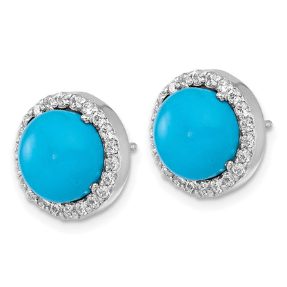 Sterling Silver Rhodium-plated Polished CZ Halo and Reconstituted Turquoise Cabochon Circle Post Earrings