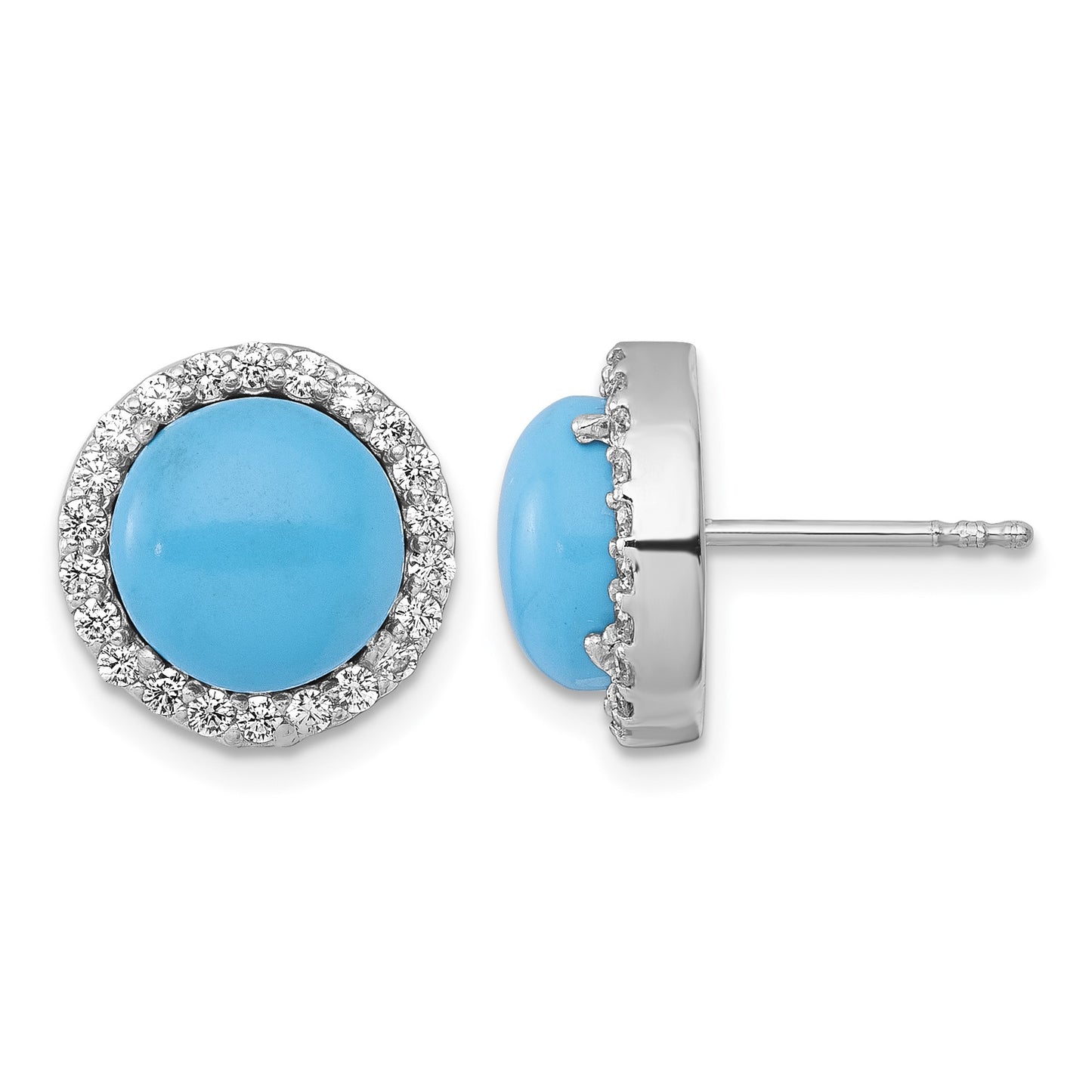 Sterling Silver Rhodium-plated Polished CZ Halo and Reconstituted Turquoise Cabochon Circle Post Earrings