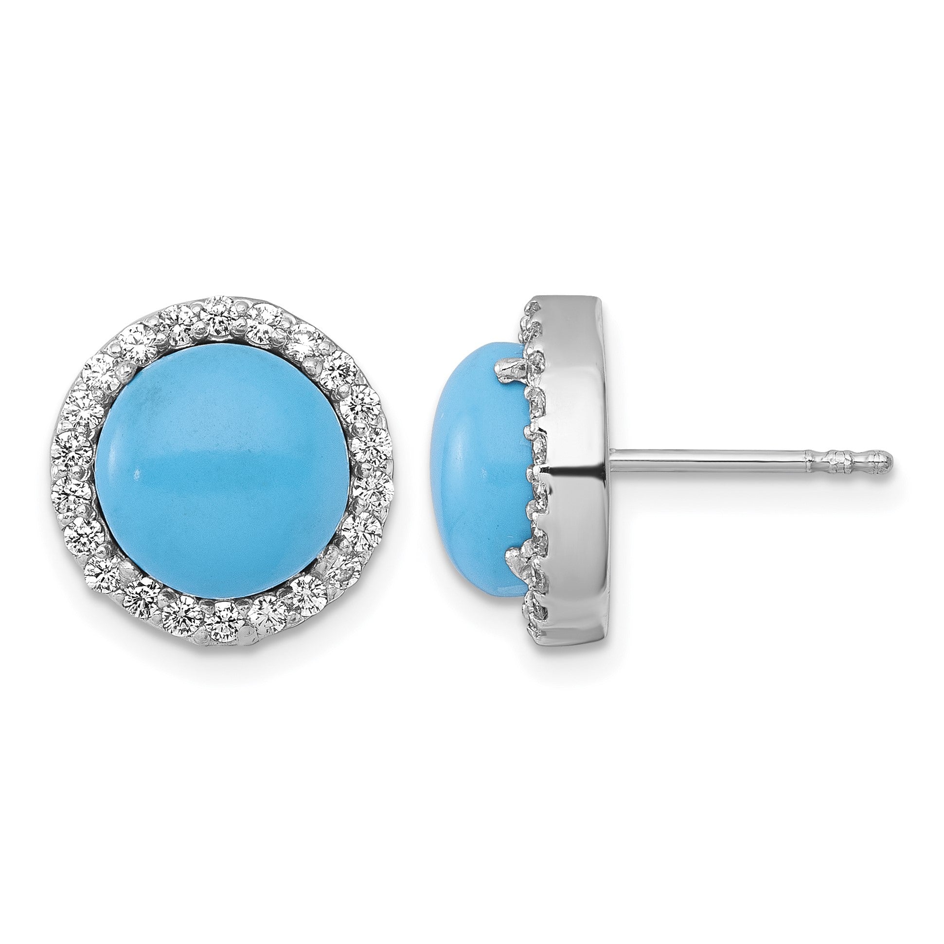 Sterling Silver Rhodium-plated Polished CZ Halo and Reconstituted Turquoise Cabochon Circle Post Earrings