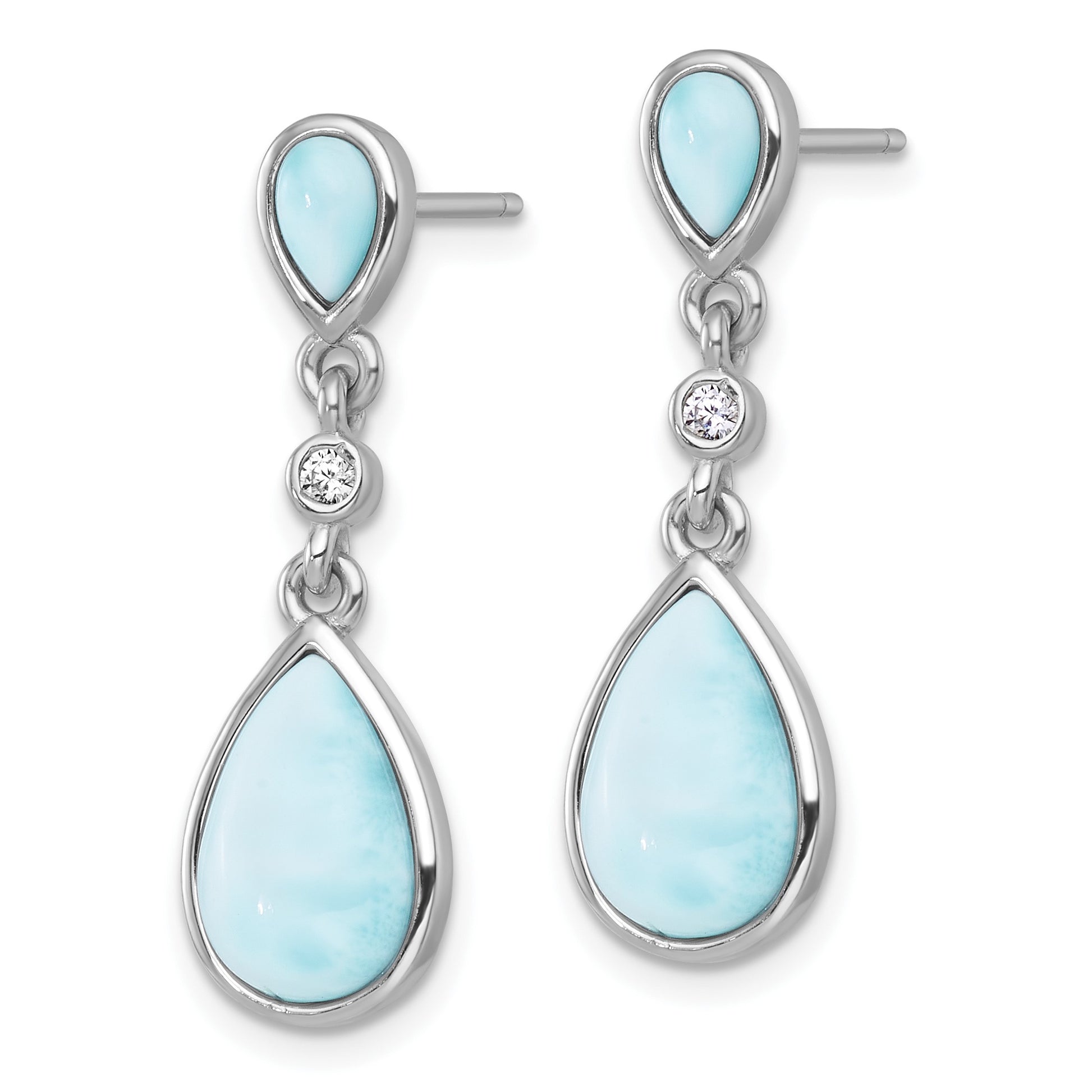 Sterling Silver Rhodium-plated Polished Pear Larimar Cabochon and CZ Teardrop Dangle Post Earrings