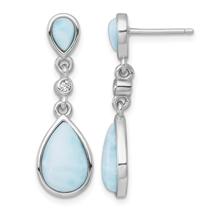 Sterling Silver Rhodium-plated Polished Pear Larimar Cabochon and CZ Teardrop Dangle Post Earrings
