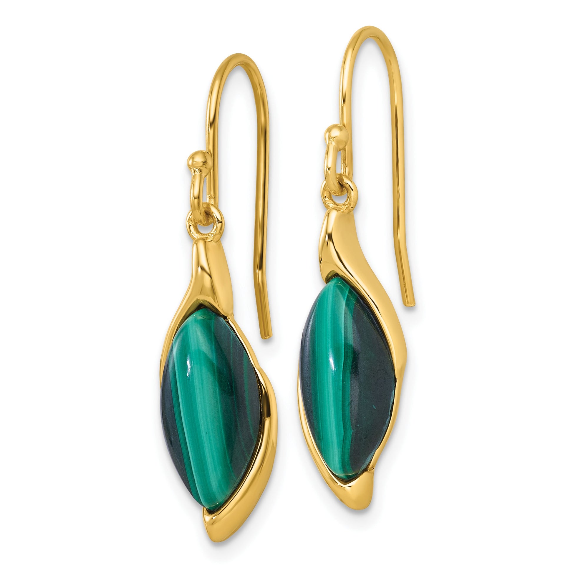 Sterling Silver Gold-Tone Polished Fancy Marquise Malachite Cabochon Dangle Shepherd Hook Earrings
