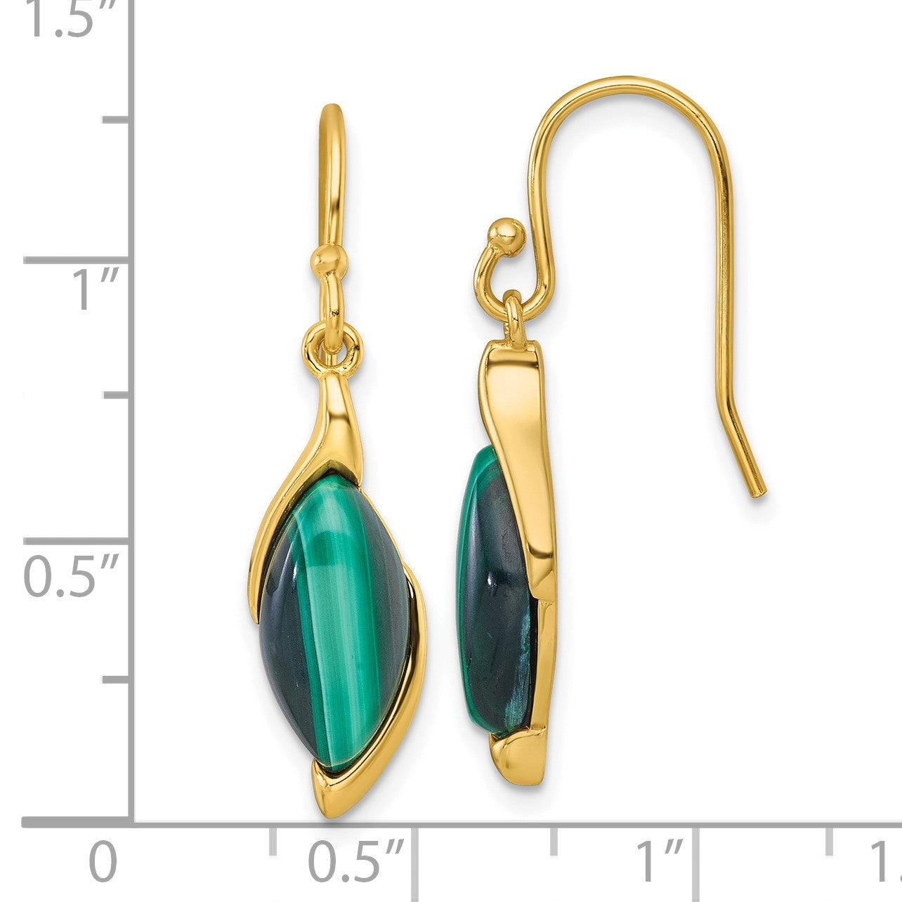 Sterling Silver Gold-Tone Polished Fancy Marquise Malachite Cabochon Dangle Shepherd Hook Earrings
