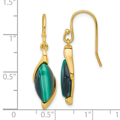 Sterling Silver Gold-Tone Polished Fancy Marquise Malachite Cabochon Dangle Shepherd Hook Earrings