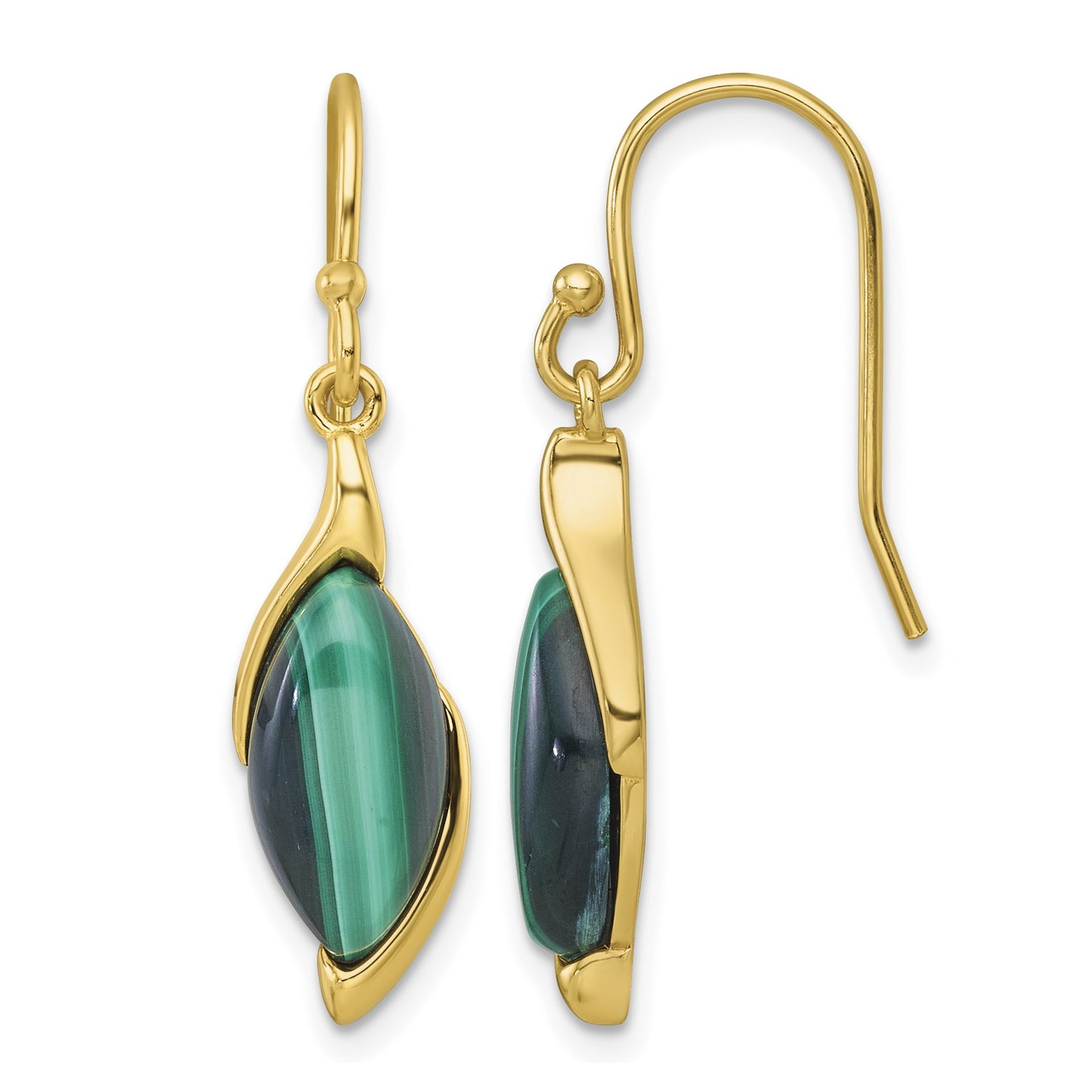 Sterling Silver Gold-Tone Polished Fancy Marquise Malachite Cabochon Dangle Shepherd Hook Earrings