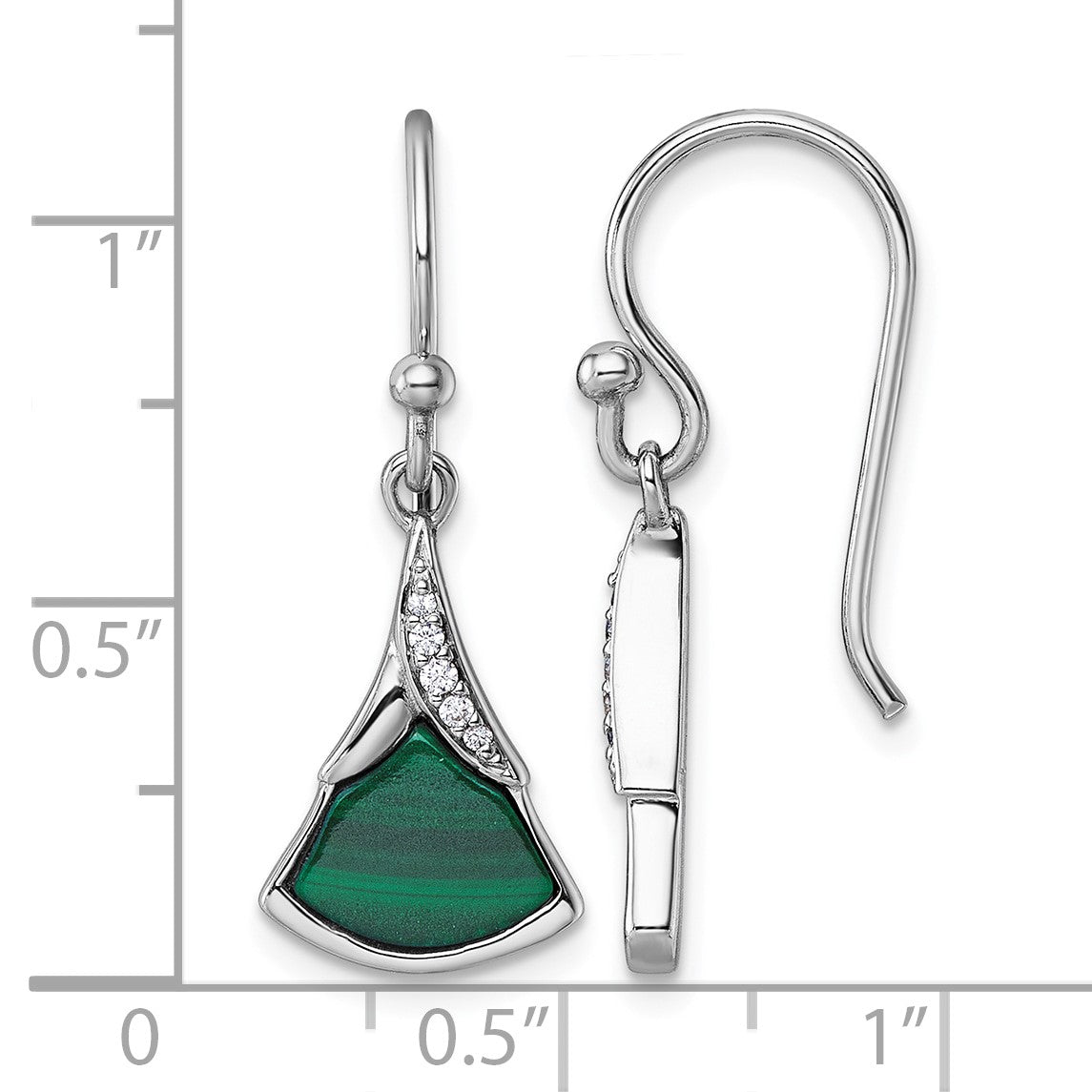 Sterling Silver Rhodium-plated Polished White CZ and Malachite Fan Dangle Shepherd Hook Earrings