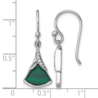 Sterling Silver Rhodium-plated Polished White CZ and Malachite Fan Dangle Shepherd Hook Earrings