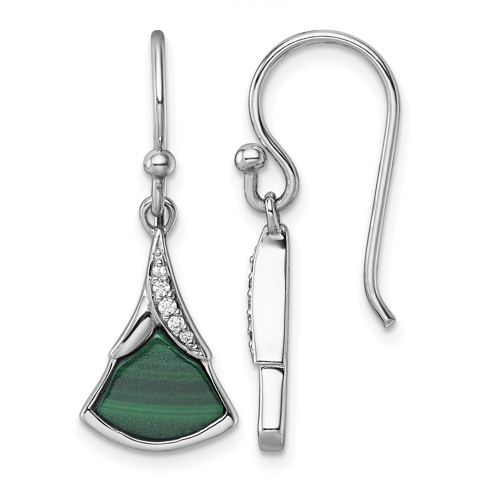Sterling Silver Rhodium-plated Polished White CZ and Malachite Fan Dangle Shepherd Hook Earrings