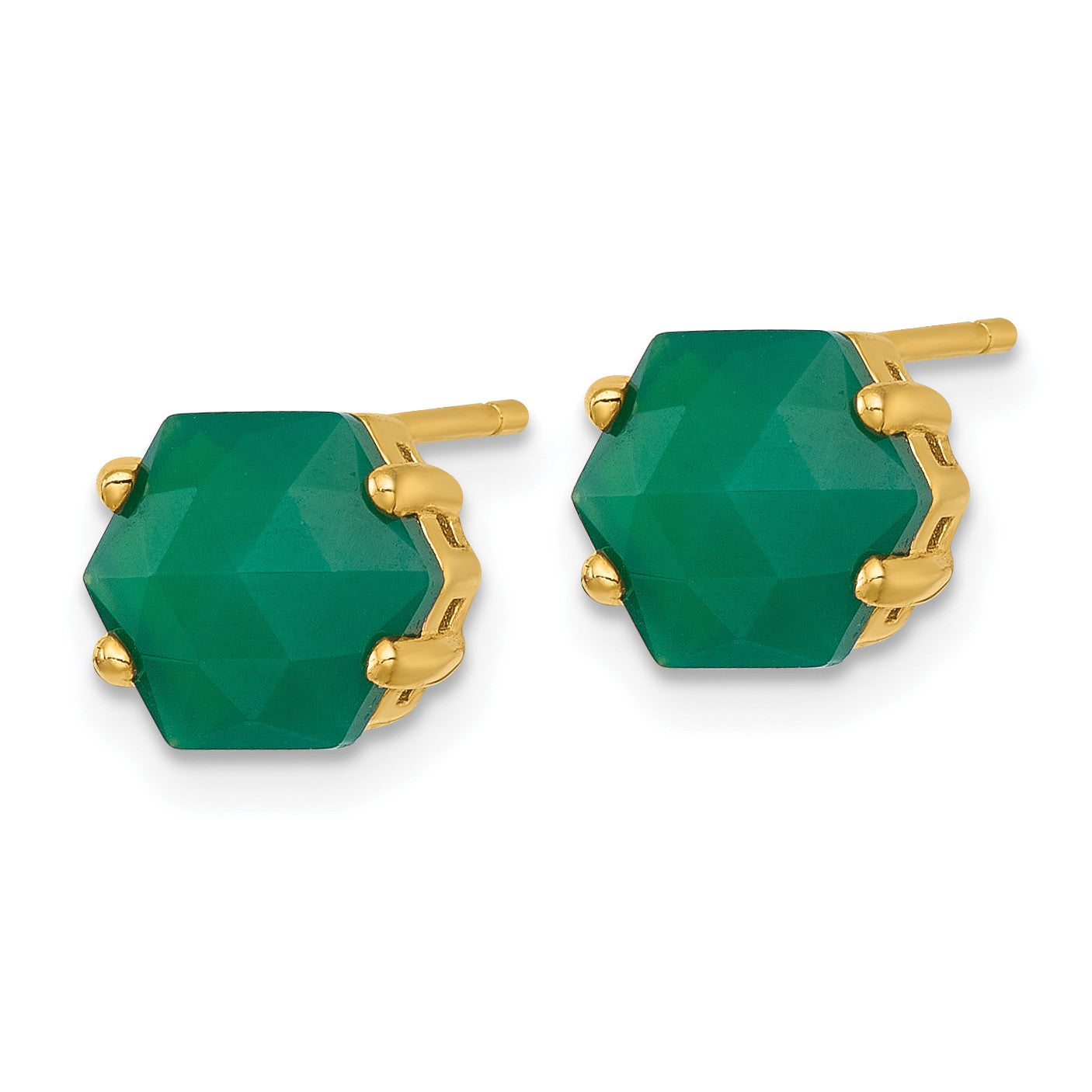 Sterling Silver Gold-tone Polished Hexagon Green Chalcedony Post Earrings