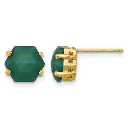 Sterling Silver Gold-tone Polished Hexagon Green Chalcedony Post Earrings