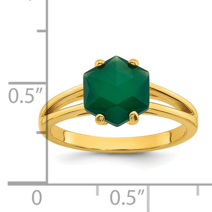 Sterling Silver Gold-tone Polished Hexagon Green Chalcedony Size 7 Ring