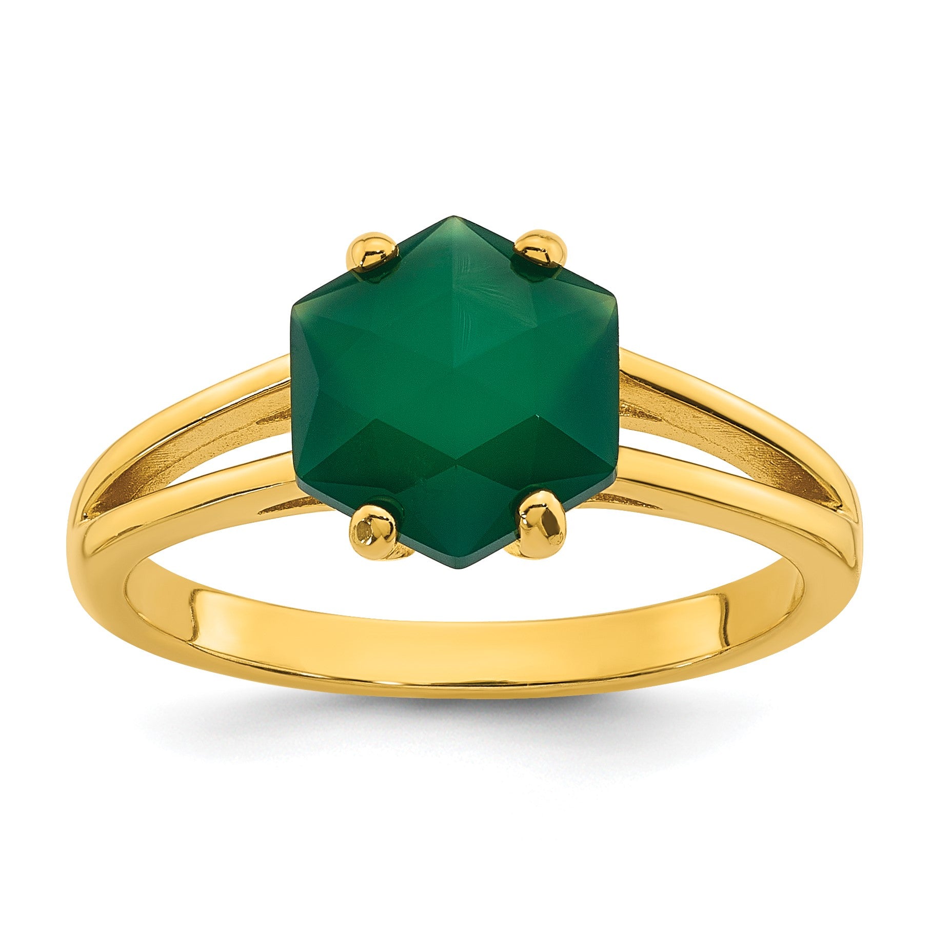 Sterling Silver Gold-tone Polished Hexagon Green Chalcedony Size 7 Ring