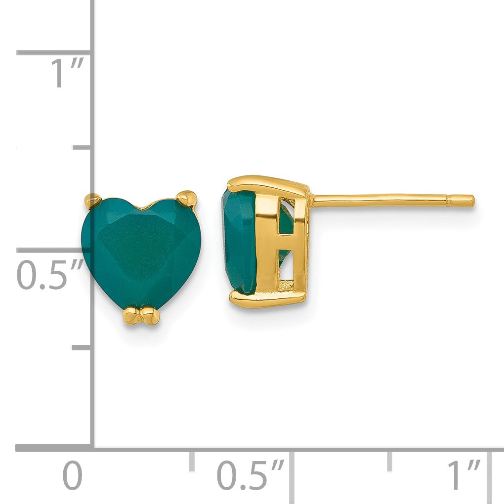 Sterling Silver Gold-tone Polished Green Chalcedony Heart Post Earrings